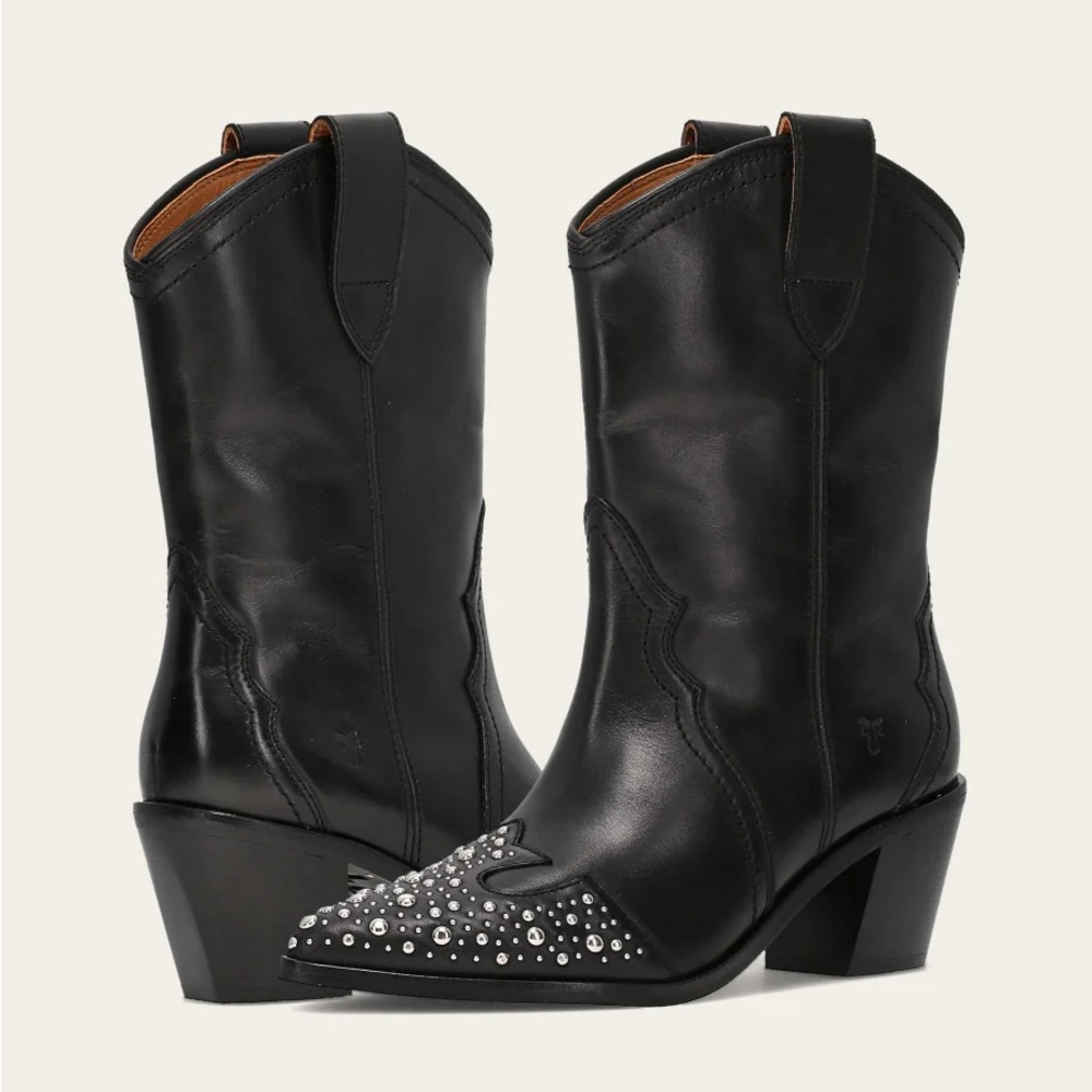 Frye Sara Studded Western Ankle Boots Black Leather Cowgirl Size 11 - Picture 4 of 8